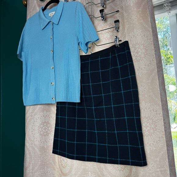 Banana Republic Navy & Teal Cotton Tweed Checked Plaid Pencil Skirt Size 10 - Picture 3 of 8